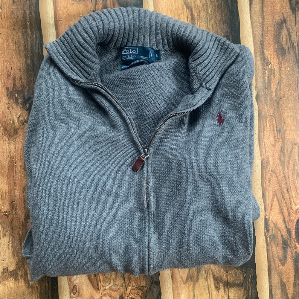 Men’s Polo Ralph Lauren full zip sweater - grey with pockets - size large